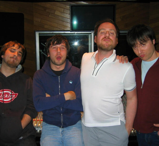 Coby Linder, Max Bemis, Tim O'Heir, and Stephen Trask at American Studios in North Hollywood where they mixed '...Is a Real Boy.' (Photo courtesy of Tim O'Heir)